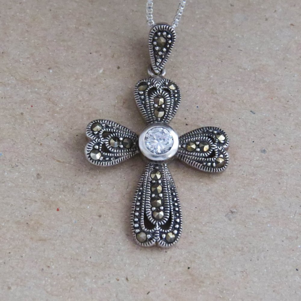 Marcasite Cubic Zirconia Sterling Silver Cross Pendant